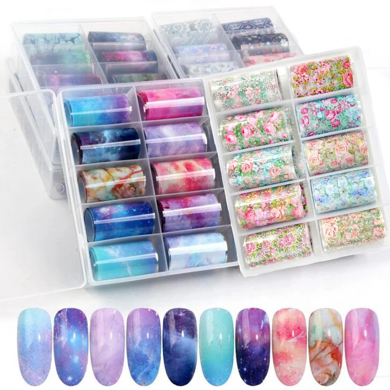 

10 Pcs/set Holographic Nail Foil Flower Slider/Galaxy Transparent AB Color Nail Transfer Sticker Decals For Nail Foil Set NZ07