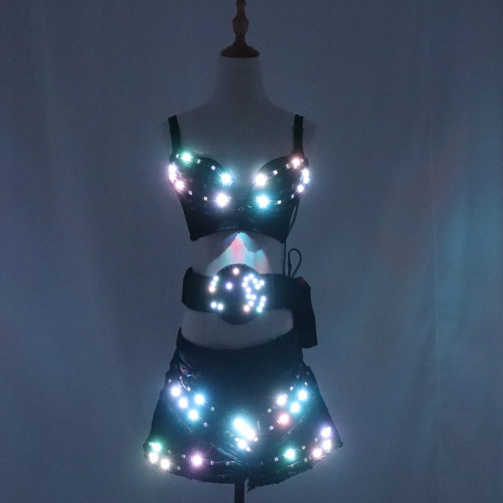 Full Color Led Luminous Light Party Skirt Sexy Girl Led Light Up Costumes With Led Belt Ballroom Dance Outfit DJ DS Bra Suit