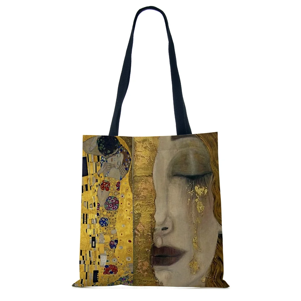 Customized Oil Painting Tears Linen Cloth Tote Bags For Women Gustav Klimt Ladise Fashion Handbag Large Capacity Shopping Totes