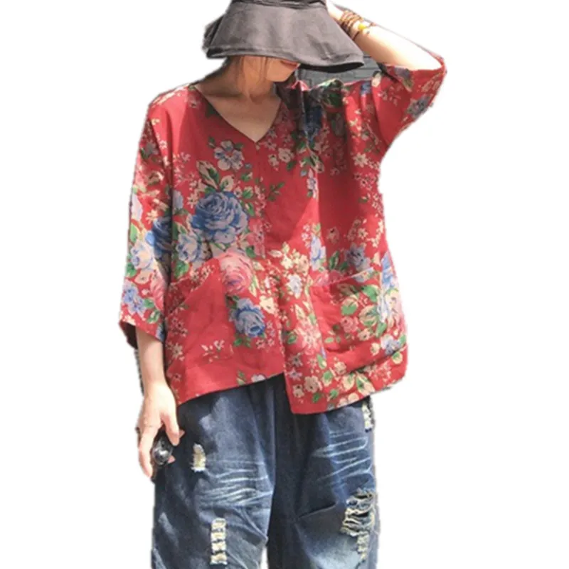 Lzjn Vrouwen Losse Top Shirt Bloemen Gedrukt V-hals 3/4 Mouwen Onregelmatige Hem Flowy Tuniek Blouse Tops