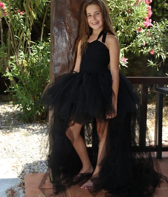 Girls Black Long Trailing Tutu Dress Kids Crochet Tulle Evening Dress Ball Gown Children Birthday Party Banquet Costume Dresses