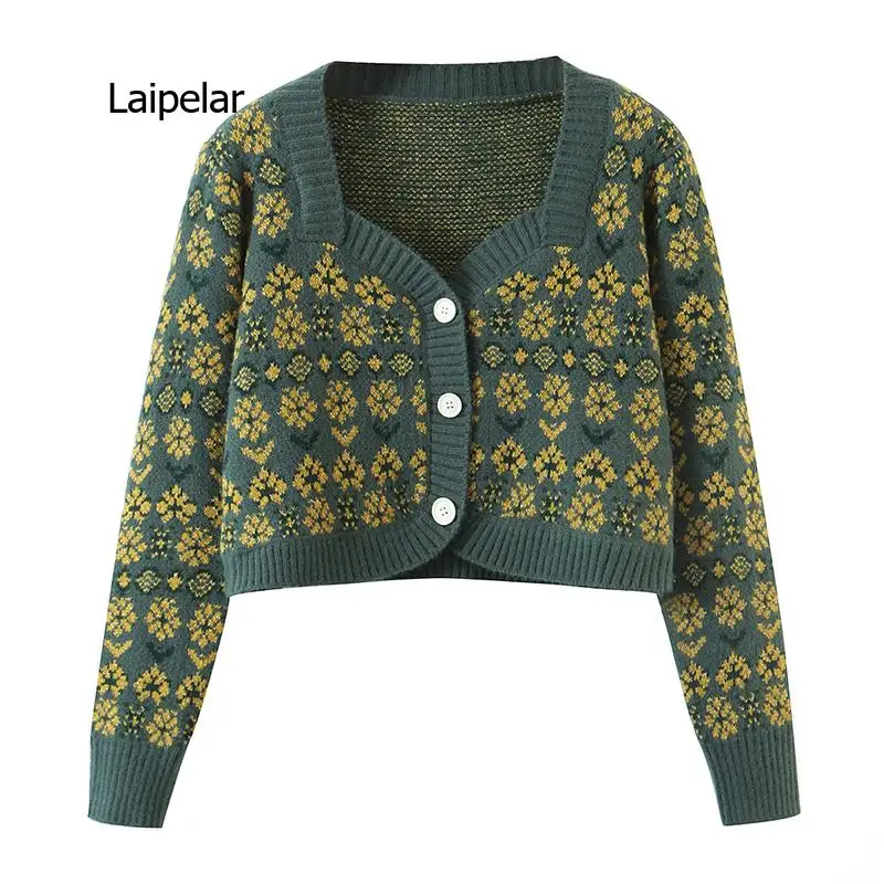 

Women Long Sleeve Knitted Sweaters Square Collar Floral Cropped Cardigans sueters de mujer