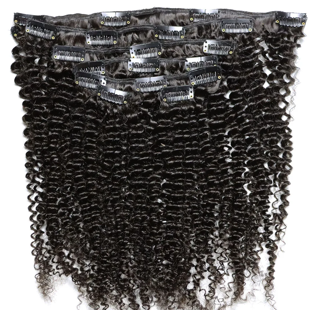 Kinky Curly Brazilian Virgin Clip In Hair Bundle 120 Gram Natural Black Clips In Human Hair Extensions for Black Women