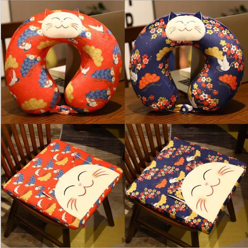 

Lucky Cat U-shaped Pillow Cushion Airplane Chinese Style Printed Memory Foam Nap Pillow Car Neck Pillow