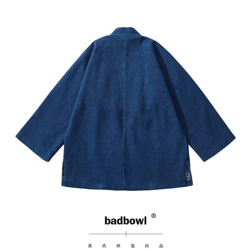 BADBOWL Kimono de planta índigo Retro japonés para hombre, bata de carretera teñida azul, tela pesada Kendo, chaqueta de media manga, cárdigan