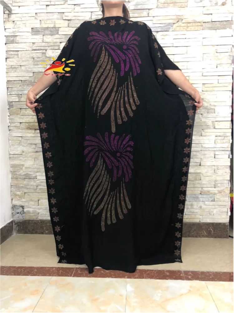 Fashion Africa style Abaya Long Dashiki Diamond  Islamic  Black Dress with scarf Loose Muslim Robe For African Lady HB090