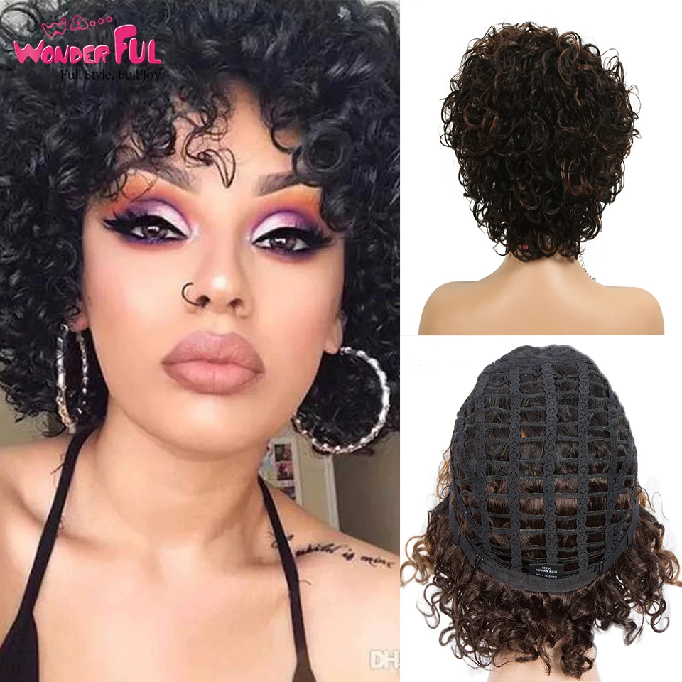 Wonderful Short Loose Curly Wigs For Black Women Brazilian Remy Bouncy Curly Human Hair Wigs Short Wig Blond Red Cosplay Wig