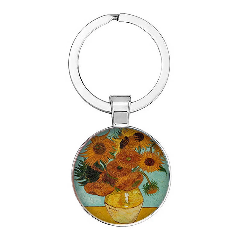 Starry Van Gogh Sunflower Round Glass Round High Art Oil Keychain Men'S And Women'S Holiday Gifts