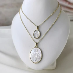 Natural MOP Pearl Shell Oval Virgin Mary Pendant Necklace For Women Christian Jewelry