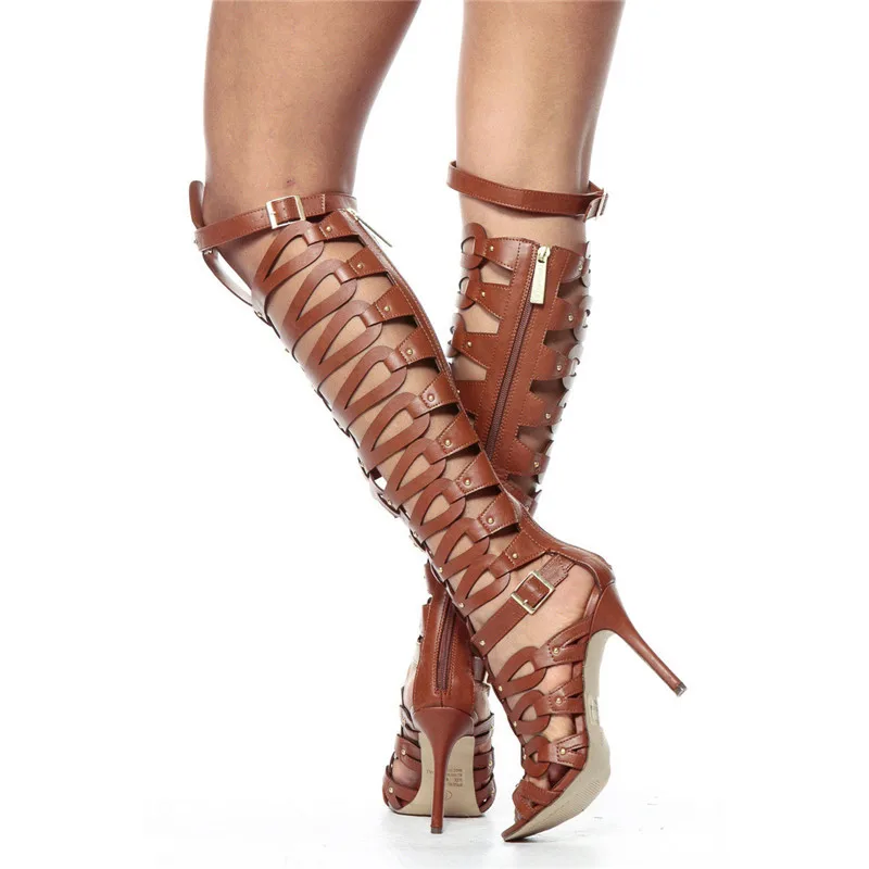 Fashion Women Over the Knee Gladiator Sandals Summer Brown High Heels Casual Dress Shoes Woman Roman Hollow Out Sandals 2020