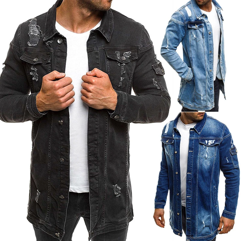 

New Fad Solid Casual Slim Mens Hole Denim Jacket Bomber Jacket Men High Quality Cowboy Mens Long Jean Jacket Chaqueta Hombre