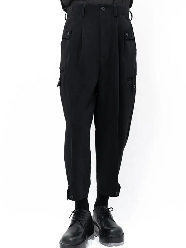 Men's new large size multi-pocket Yamamoto style men's casual pants flat side pocket button design solution dark Harlem pants