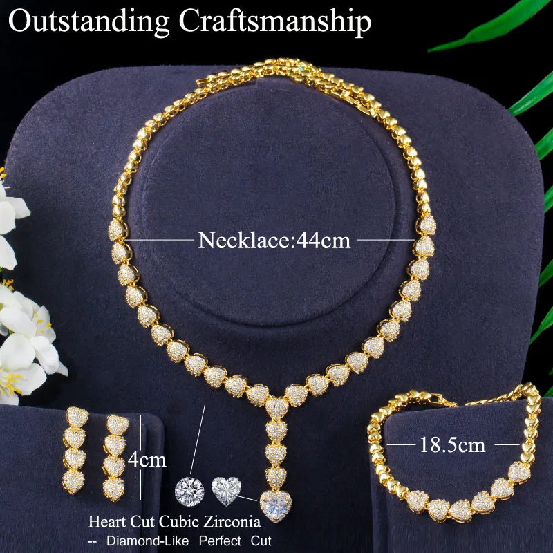 CWWZircons Gorgeous Cubic Zircon Paved Heart Shape Wedding Necklace Earrings Bracelet Sets for Women Party Costume Jewelry T0650