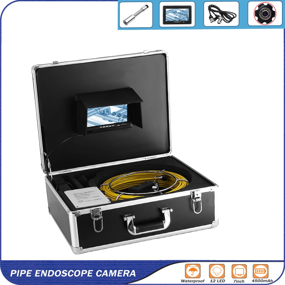 

TP9000 Pipe Endoscope Inspection System 20m 7inch 23mm Lens Waterproof Industrial Sewer Camera 12pcs LEDS 12V4500mAh Battery