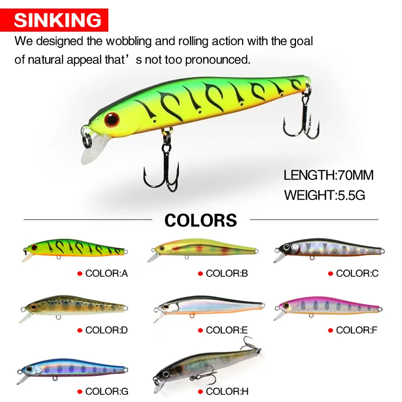 Artificial Sinking Minnow Fishing Lures, 3D Natural Eyes Wobbler, Hard Bait Tackle, 70mm, 5,5g, 1pc