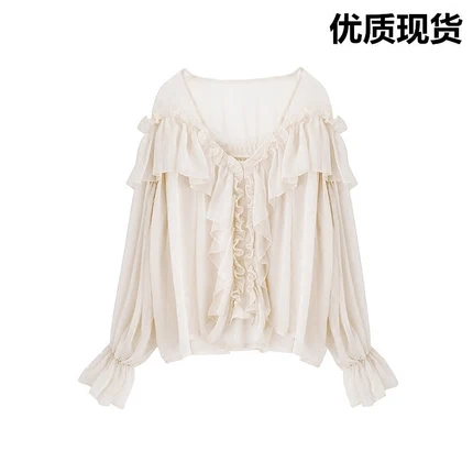 Freeship ladies sexy ivory chiffon lounge long sleeve ruffled collar bowknot Blouses french style shirt