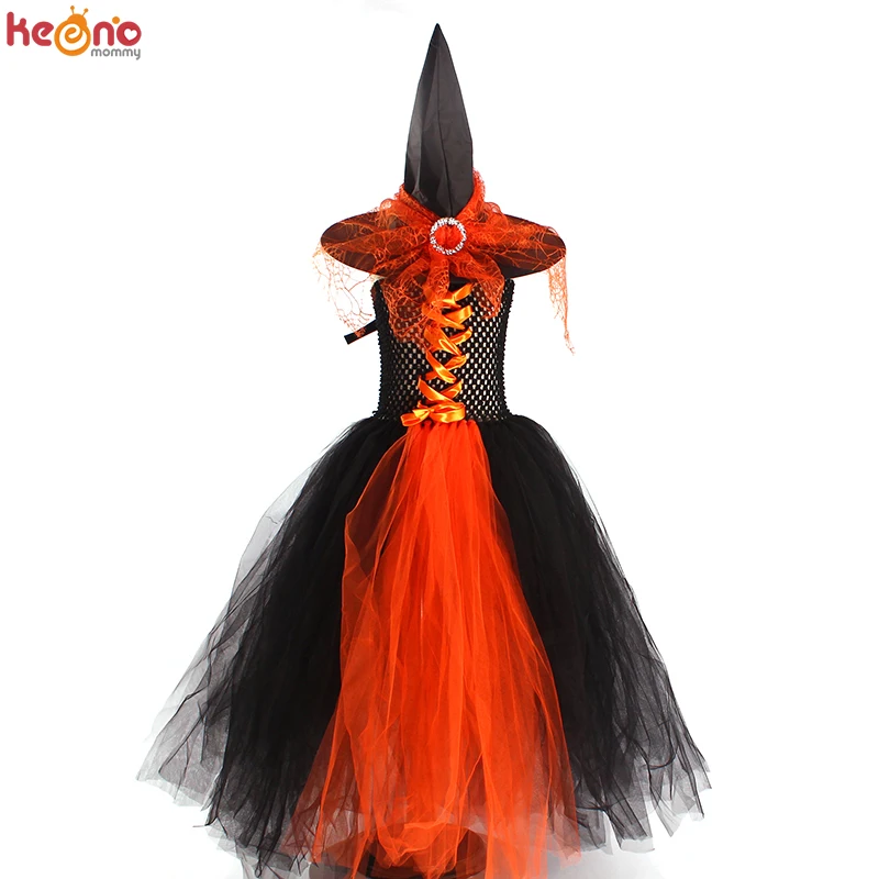 Girls Gothic Halloween Ghost Witch Costume Flare Sleeve Kids Gown Robe Tutu Dress with Witch Hat for Purim Carnival Party