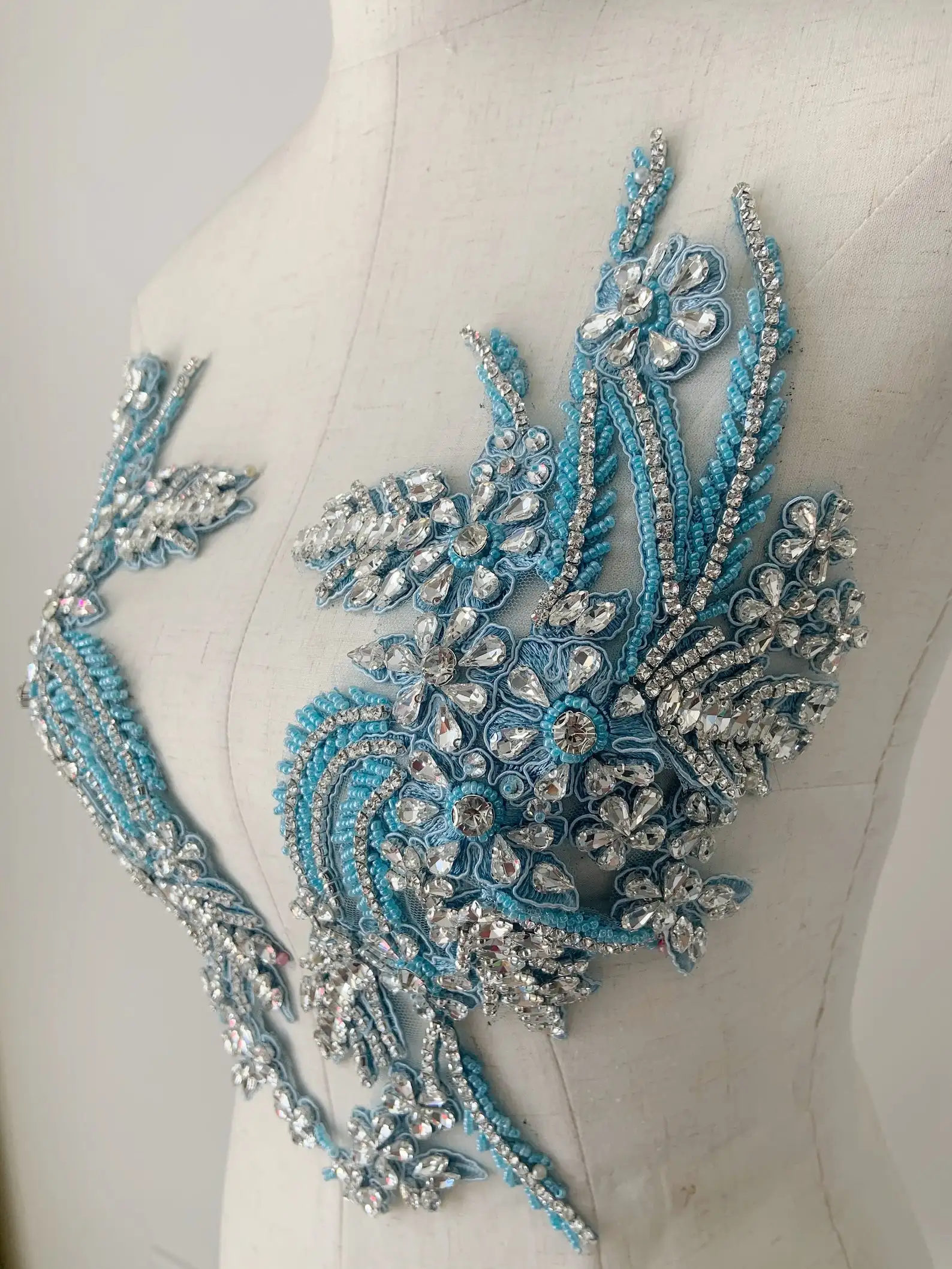 Light Blue Rhinestone Bead Applique Crystal Applique Crystal Bodice Patch Handmade Rhinestone Applique, Bridal Headpiece