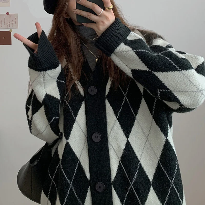 Cardigan Women Knitted Sweater Argyle Loose Sweater Single Breasted Student Lovely Knitwear Korean Oversize Cardigan Winter Tops