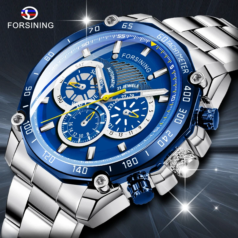 Forsining Blue Ocean Design Silber Stahl 3 Zifferblatt Kalender Display Herren automatische mechanische Sport Armbanduhren Top-Marke Luxus