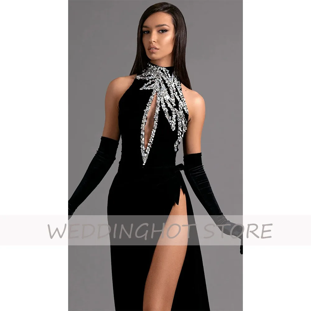 Beading Mermaid Evening Dresses 2023 Luxury Sexy Black O-Neck Ball Gowns Elegant Side Split Satin Party Dress robes de soirée