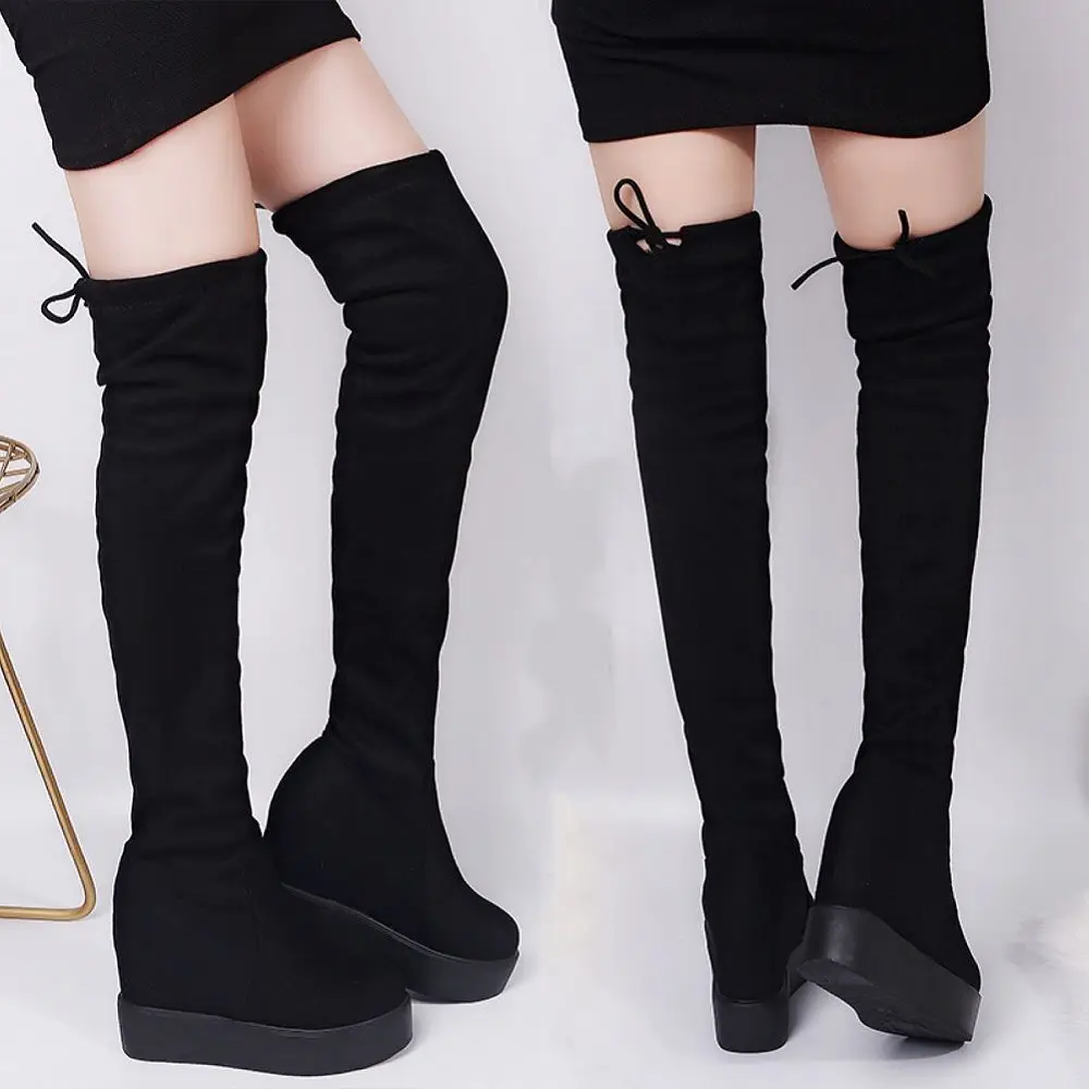 2024 Winter Over The Knee Boots Women Platform Thigh Fashion Long Boots Wedge High Heel Slip On Elastic Flock Motorcycle Boots