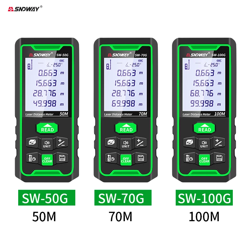 SNDWAY telemetro Laser a luce verde 50M 70M 100M misuratore di distanza Laser per interni/esterni Trena Lazer strumento di costruzione a nastro