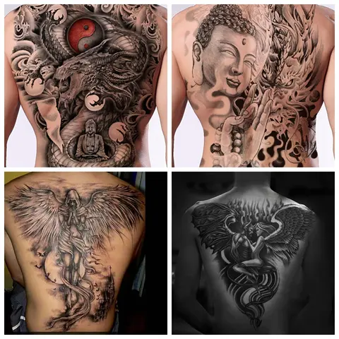 Pegatinas de tatuaje temporal de espalda completa para hombres y mujeres, arte de alas de Ángel, diablo, personalidad impermeable, tatuaje falso, juego de tatuaje negro, nuevo