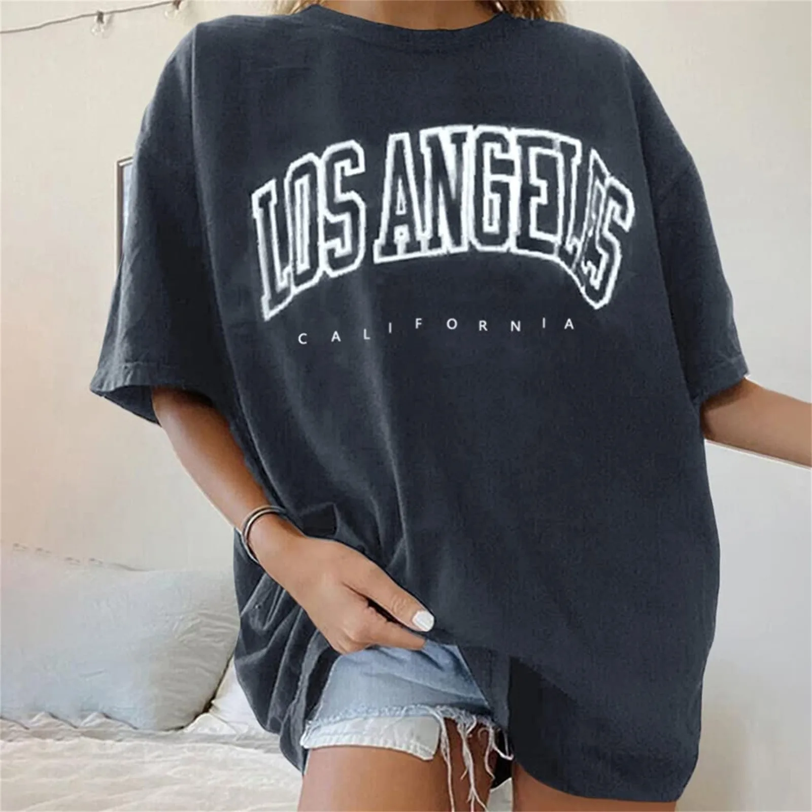 Fashion Women\'s T-shirts LOS ANGELES Letter Prints T Shirt Women 2021 O-Neck Oversized Loose Short Sleeve Summer Tops Streetwear
