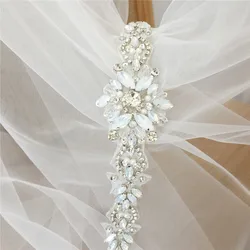 Graceful opal beaded bridal belt applique , rhinestone wedding  gown sash iron on patch motif 5x48cm