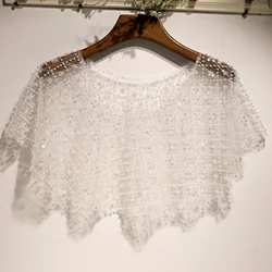 New Cheap One Size Ivory Colour Full Pearls with Sequins Beads Wedding Dress Cape Short Lace Tulle bolero mariage tricot