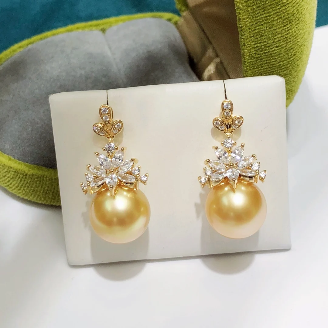 Fine Jewelry Pure 18K Yellow Gold Natural 11-12mm Ocean Salt Water Golden Round Pearl Earrings for Women Fine Pearl Earrings