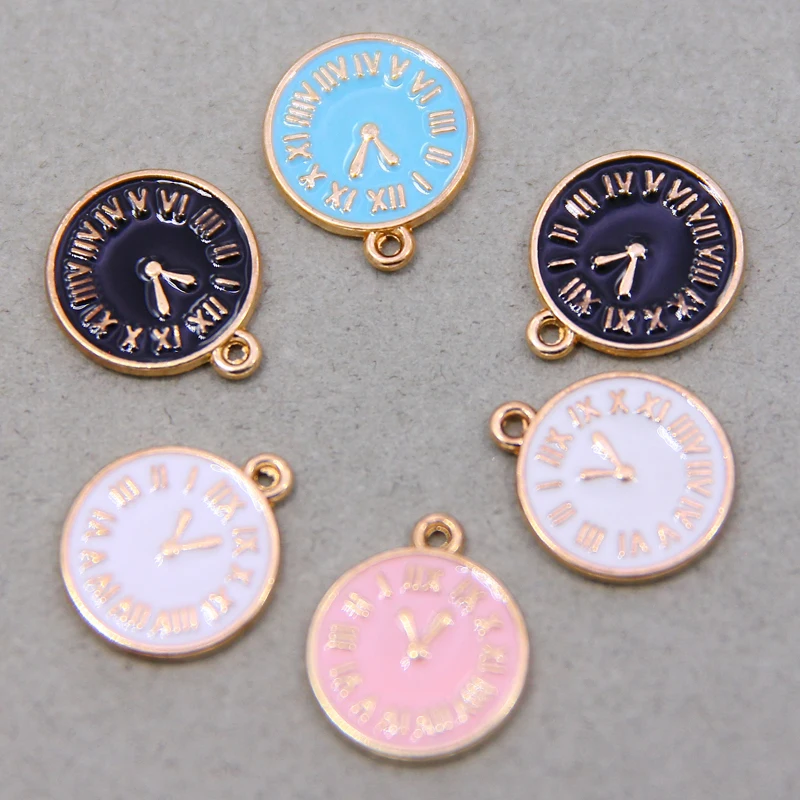 6PCS/Lot 15*17mm Fashion Small Clock Shape Charms  Gold Color Tone Enamel DIY Bracelet Floating Charms