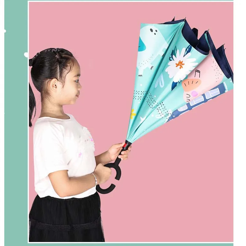 Reverse umbrella double-layer non-holding long-handled children\'s umbrella for primary school students cute cartoon rain and sun