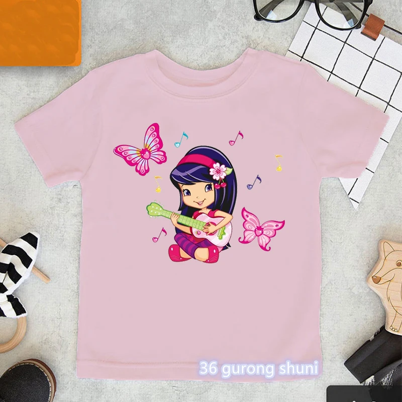 

Newly children's tshirt cute strawberry music girls cartoon print girls clothes aesthetic pink girls t-shirts tops dropshipping