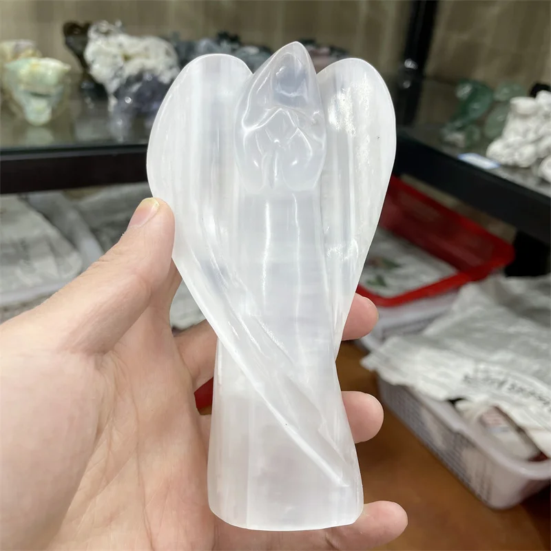 Natural White Selenite Guardian Angel Figurine Raw Crystals Hand Carved Gypsum Crystal Healing Stone Home Decor DIY Gifts 1pcs