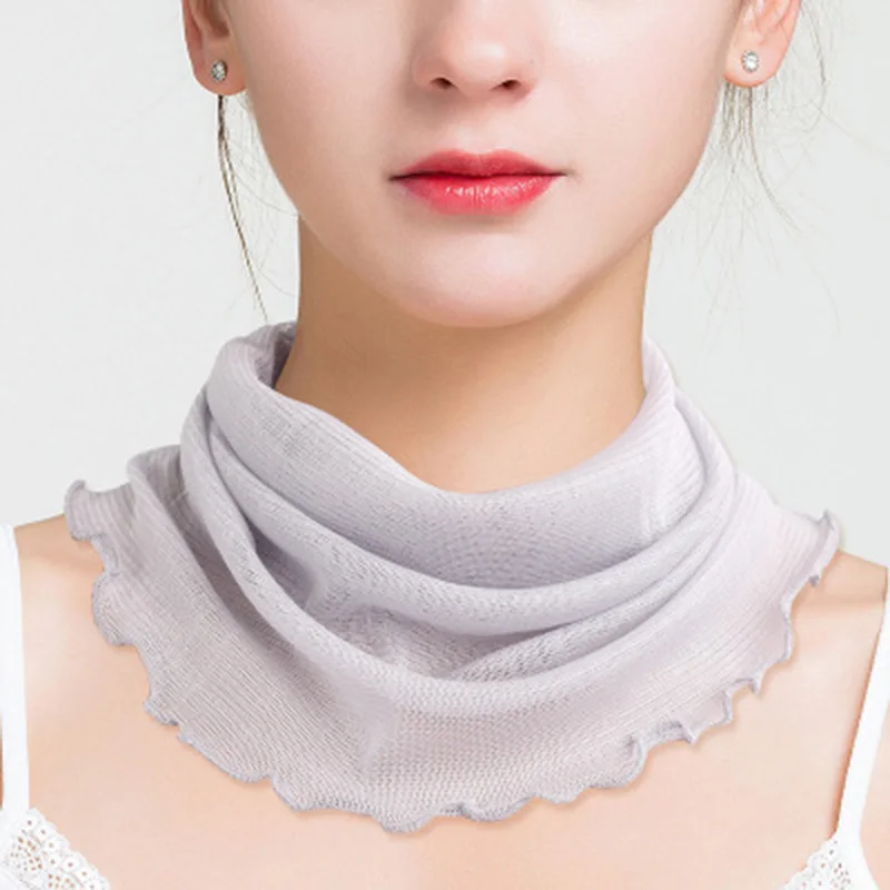 Fashion Female 100% Silk knit False Collar Sun Protection Pullover Summer Solid Color Double Ruffle Elastic Neck Guard Scarf P19