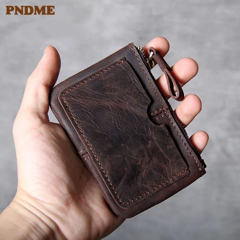 PNDME simple vintage high quality crazy horse leather credit card bag luxury genuine leather small thin coin purses ID Holder