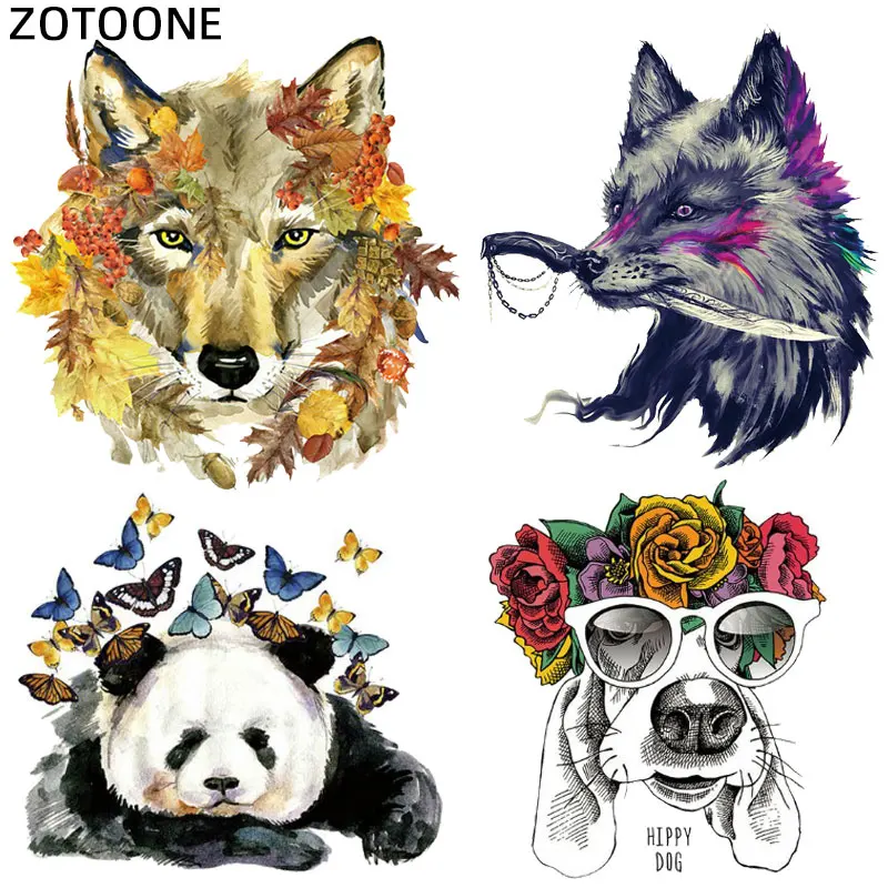 ZOTOONE Cute Animal Iron On Transfers for Clothing Wolf Panda Dog Patch Sticker DIY Kids Thermal Heat Transfer T-shirt Printed G