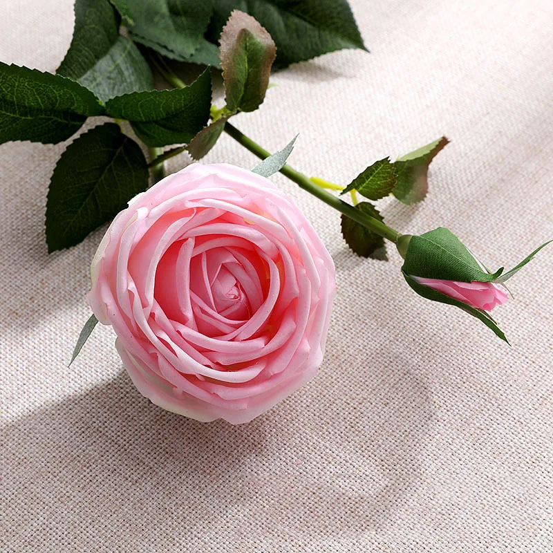 

3Pcs Long Branch Moisturizing 2 Head Rose Real Touch Roses Fake Flowers Home Living Room Table Decoration Rose Wedding Bouquet