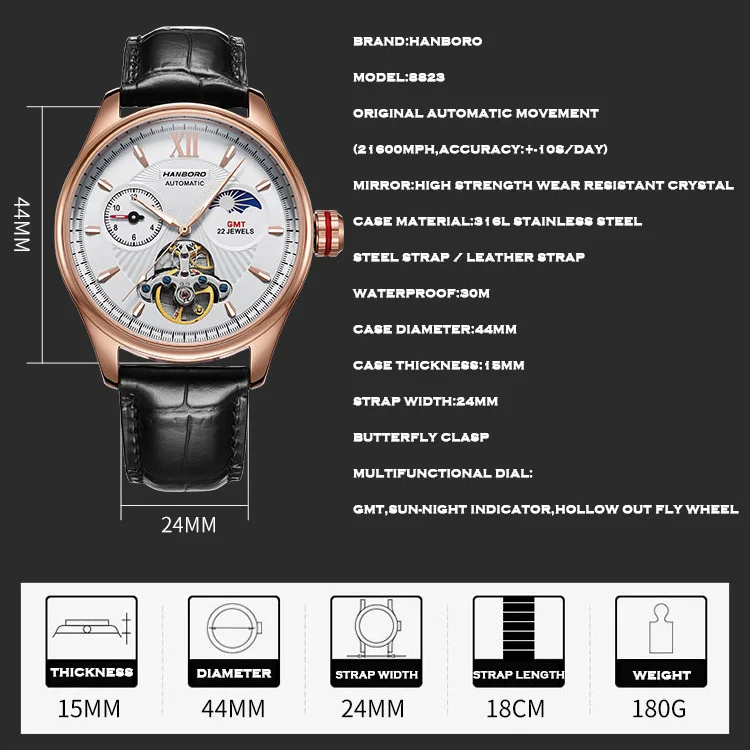 HANBORO Luxury Automatic men Watches GMT Waterproof Male Mechanical Wristwatches Hollow Out Luminous fashion MAN WATCH