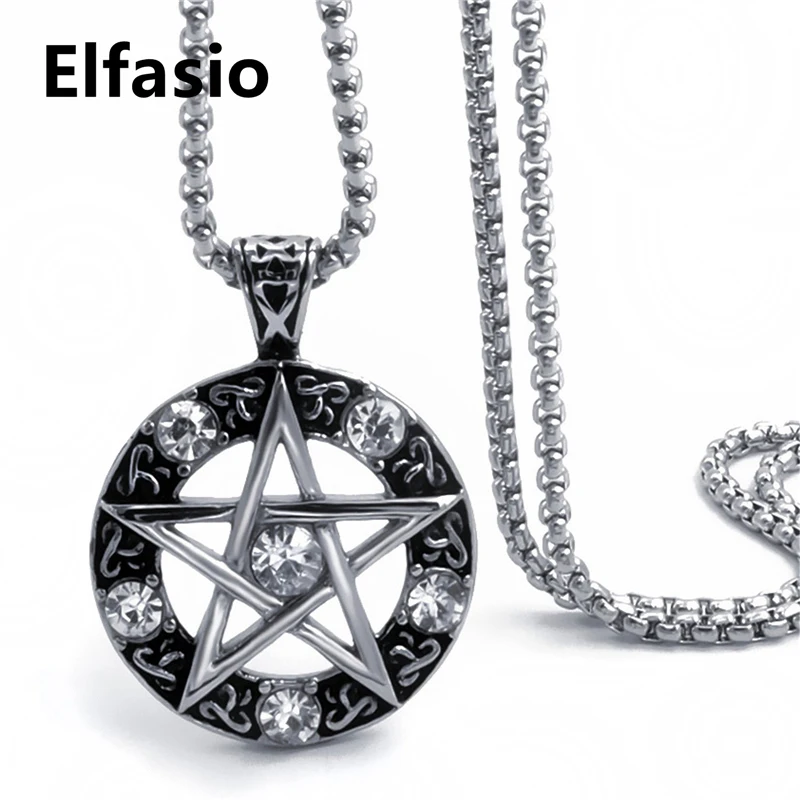 Elfasio Celtic Wicca Pentagram Star Men Women Stainless Steel Necklace Blue/Red/Black/White/Purple Amulet Pendant Chain