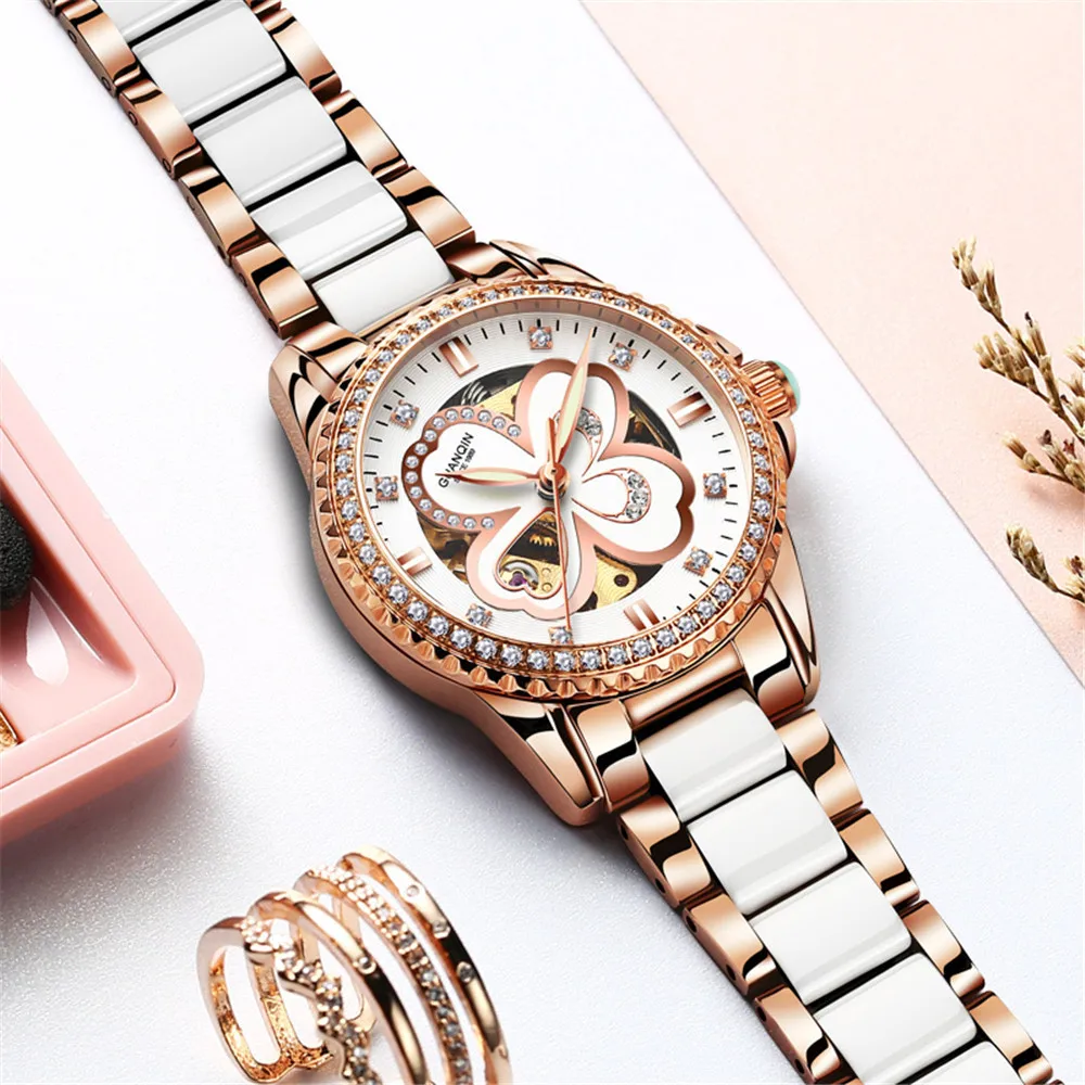 Guanqin 2020 Horloge Vrouwen Automatische Rhinestone Dress Top Brand Luxe Keramiek Rose Mechanisch Horloge Waterdicht Bayan Kol Saati