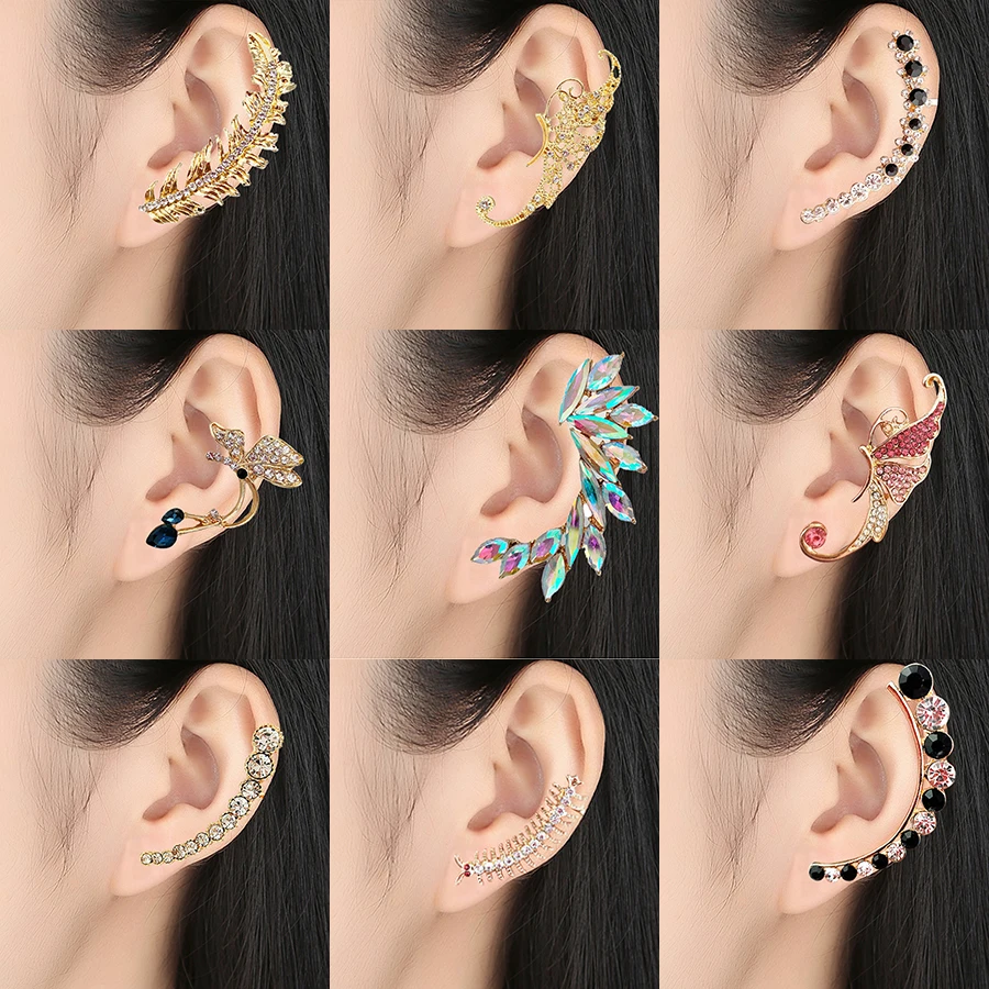 1Pcs Punk Rock Rhinestone Crystal Ear Cuff Wrap Stud Earring for Women Cartilage Piercing Jewelry Ear Clips Earrings 3 Colors