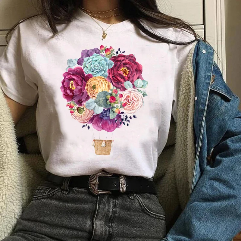 Women Clothes Lady Graphic Streetwear Fashion 90s Hot Balloon Flower Floral Print Tees Tops Female T Shirt  Womens T-Shirt