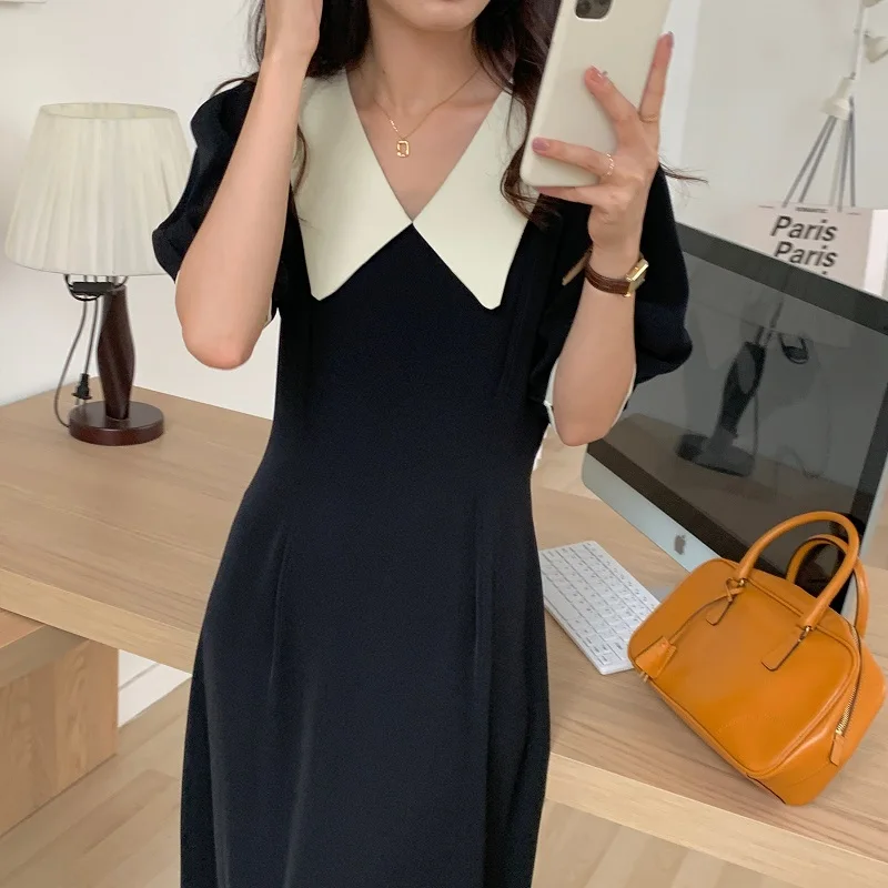 Black Dress Women Harajuku Simple Clothes Mujer Midi A-LINE Retro Summer Temperament Peter Pan Collar High Waist Vestidos Classy