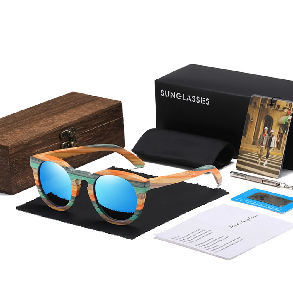 GM Color Bamboo Oval Sunglasses Wood Polarized Sunglasses Men Women Fashion Glasses UV400 Protection Eyewear Wooden Square Box