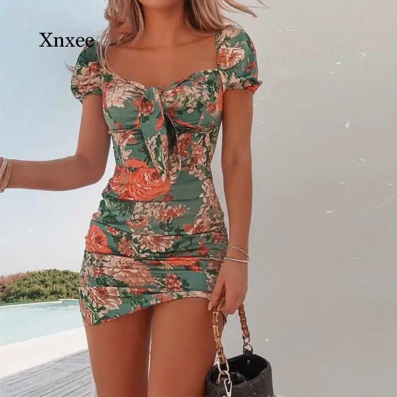 Women Elegant Fashion Sweet Floral Square Neck Tie Front Dress  Mini Dress Bodycon Dress