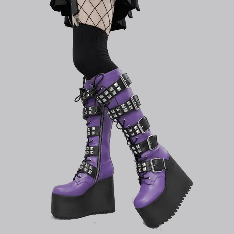 Ladies Purple Fashion Lace up Knee High Heel Platform Boots Gothic Metal Decorative Women\'s Boots Zipper Wedge Heel Boot Size 42