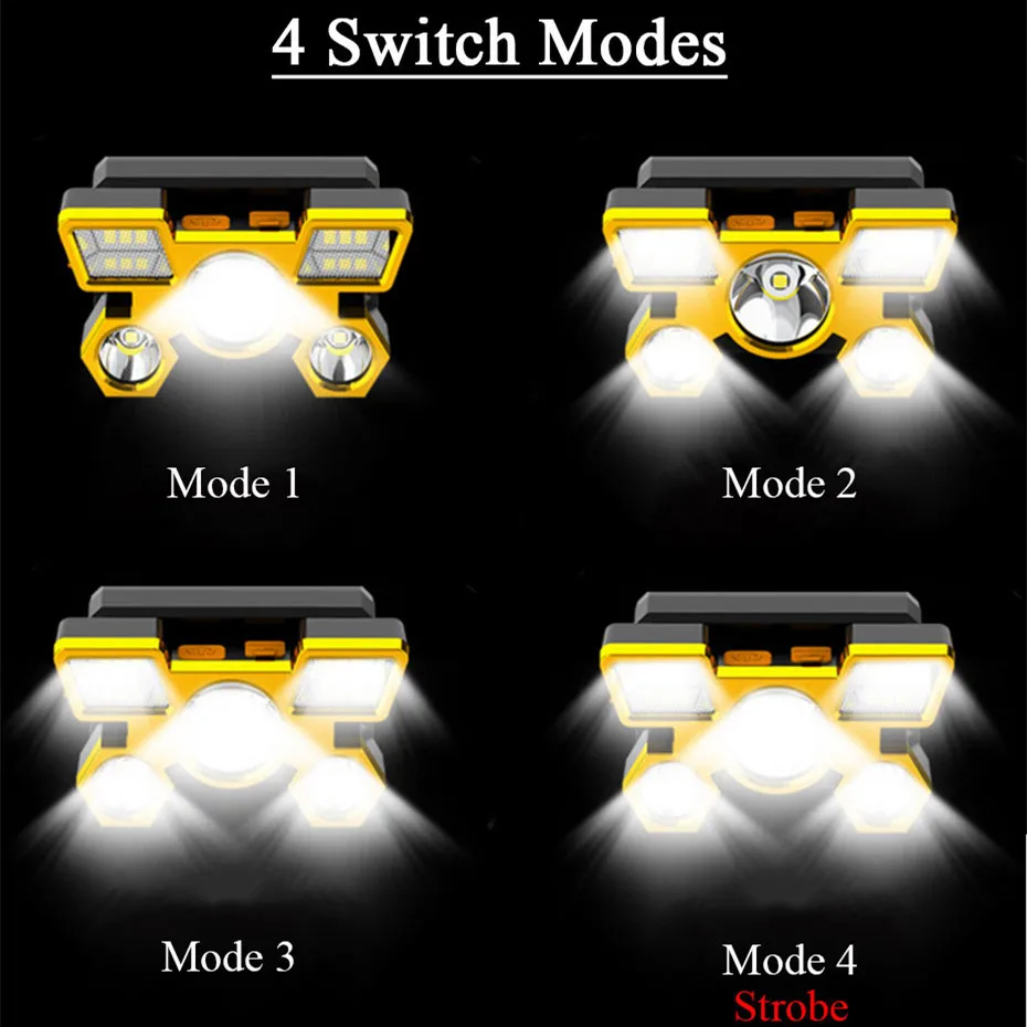 4 Mode headlamp 5 LED Head-Mounted Flashlight Night Headlight High Power USB Recharge 18650 Battery Outdoor Camping  Waterproof